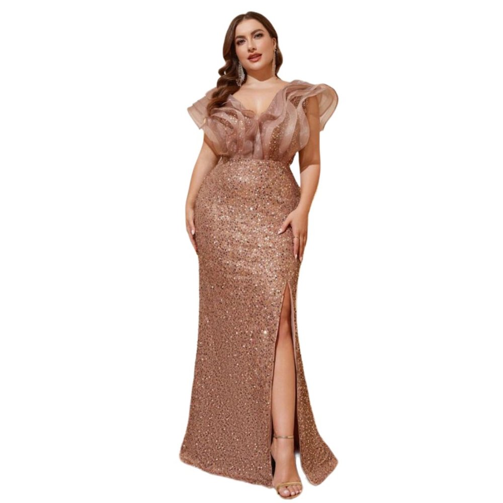 Champagne Ruffle Trim Split Thigh Sequin Dress